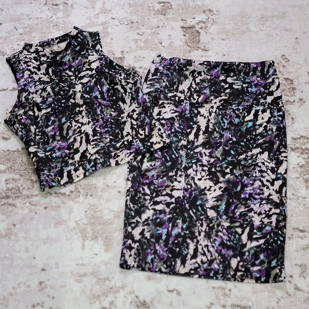 Abstract Watercolor 2-Piece Set Pencil‎ Skirt & Sleeveless Blouse Size Medium